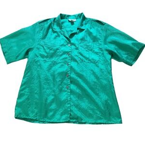 Neil Martin Vintage Emerald Green Crinkle Button Down Shirt Epaulets Womens 12